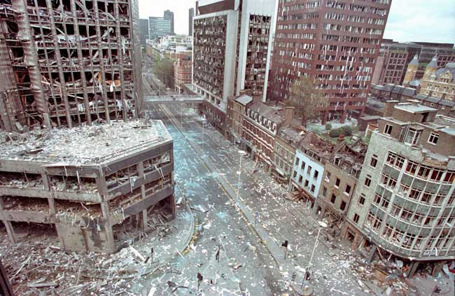 April 24th 1993: Bomb blast damage in Billingsgate looking down London wall to the Museum of London