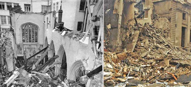 April 1993:   St Ethelburga’s Church:  interior view and nothing left of the western facade