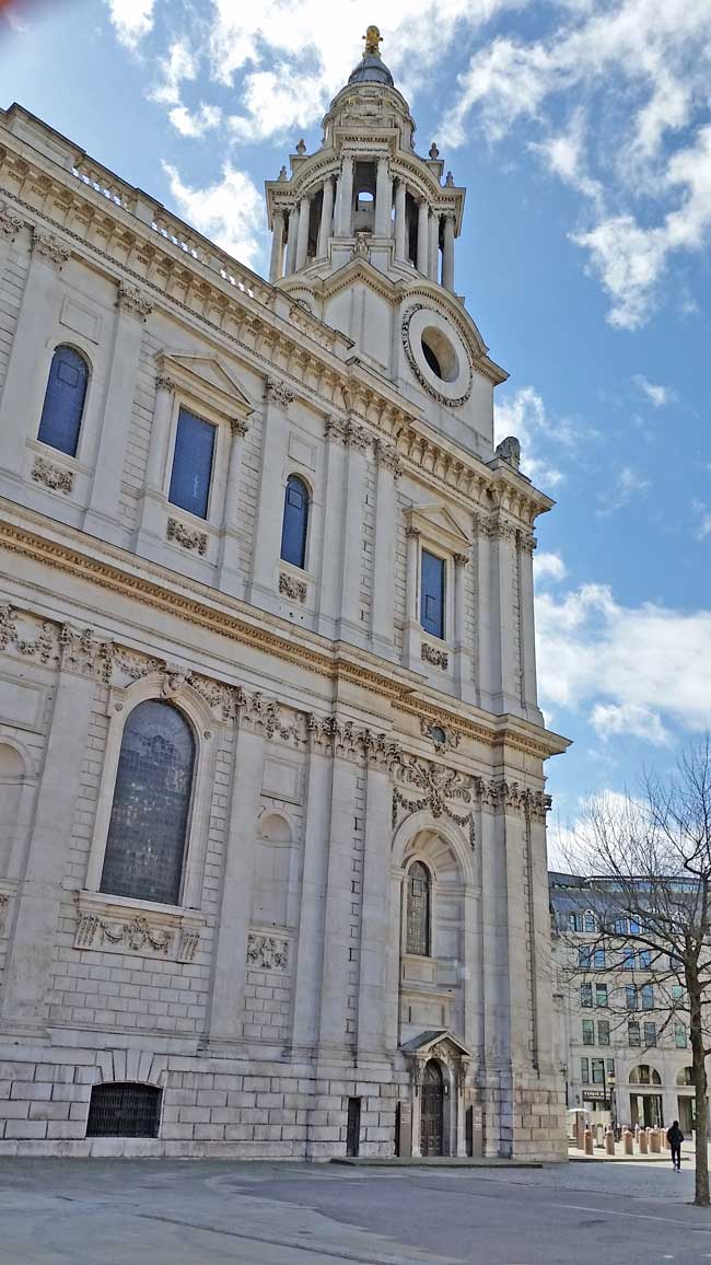 The north side of the 221ft (67m) high bell tower of St Paul’s Cathedral, with the doorway at its base where the ‘St Paul’s Three’ exited ‘under arrest’ to the waiting world