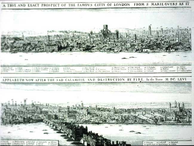 By the end of the week, the fire had been contained, but the City was a blackened ruin as shown in this contemporary panorama (W. Hollar)