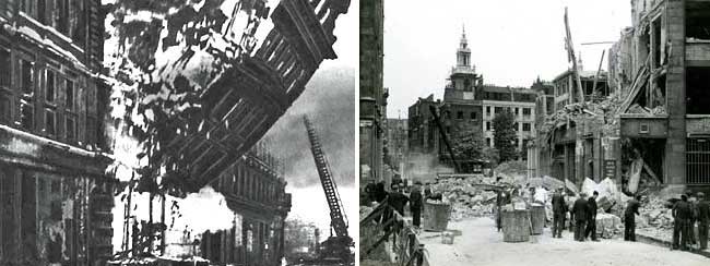 London’s Streets in the Blitz left) Debris collapsing onto Queen Victoria Street; right) Clearing Upper Thames Street: many of the road gangs were too old for military service, but not too old for such hard labour (Cross & Tibbs Collection, London Metropolitan Archive)