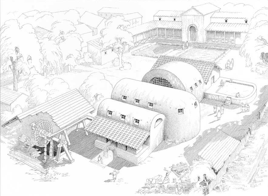 Artist’s impression showing the Cheapside Roman baths complex and well-house looking south-east. Drawing by Robert Spain reworked from an Alan Sorrell original