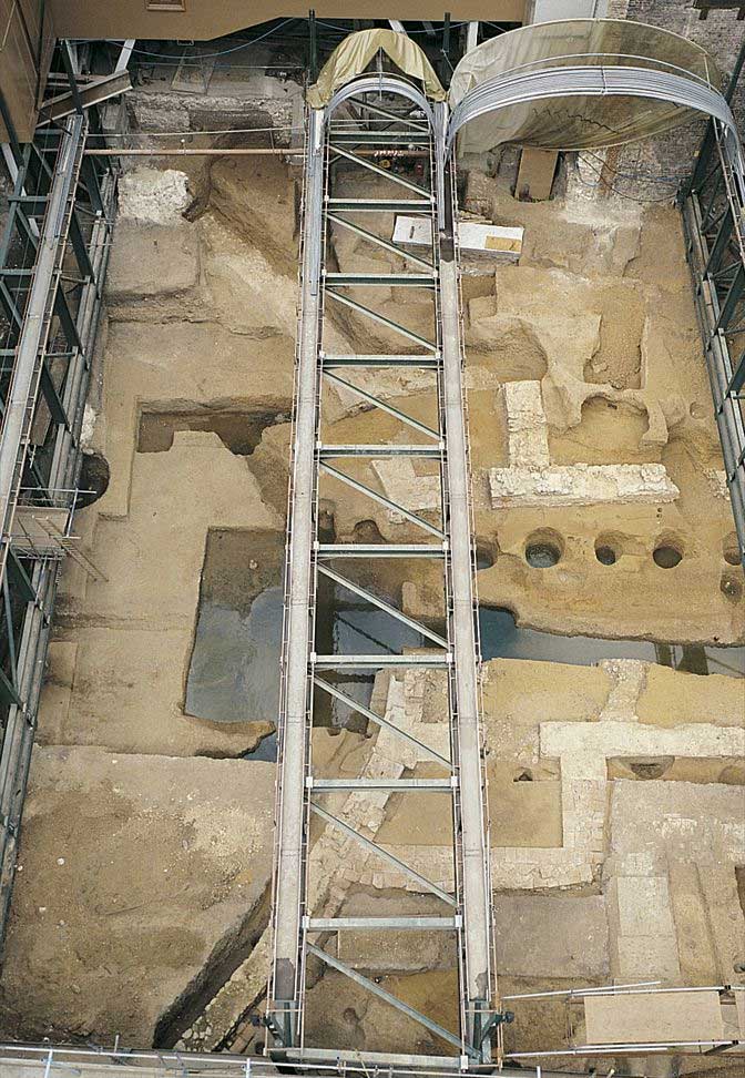 The early 2nd century masonry amphitheatre from on high looking north.