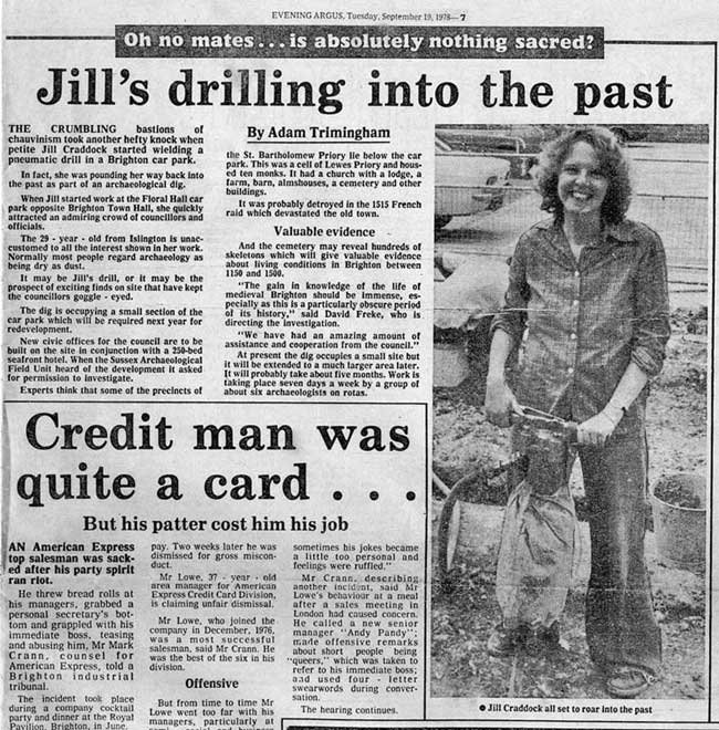 EThe Brighton Evening Argus of September 19th 1978, with their take on a ‘petite’ woman using a pneumatic drill in front of admiring ‘Goggle-Eyed’ councillors