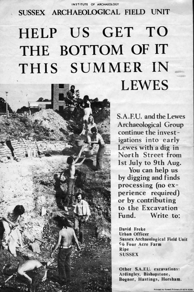 Bucket chain on Lancaster Street, Lewes, Sussex 1974. The photo includes three future ‘DUA-bound' archaeologists:         Gill Craddock (4th from top), Ian Blair (centre) and Dom Perring (bottom left)