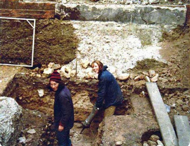 Miles Lane (ILA79) excavation in 1979, with Louise Malkin (Miller) and Marietta Ryan on jackhammer