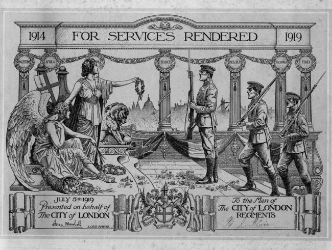 Certificate given to Private J Blair on behalf of the ‘City of London’ to the ‘Men of the City of London Regiments’   on July 5th 1919